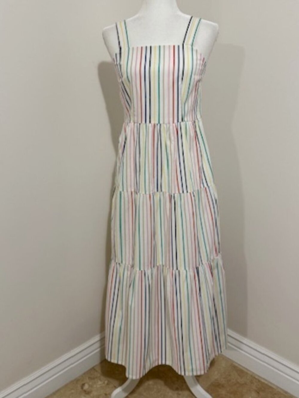J. Crew Tiered Maxi Dress in Striped Cotton Poplin Coastal Cottage Preppy Size 2